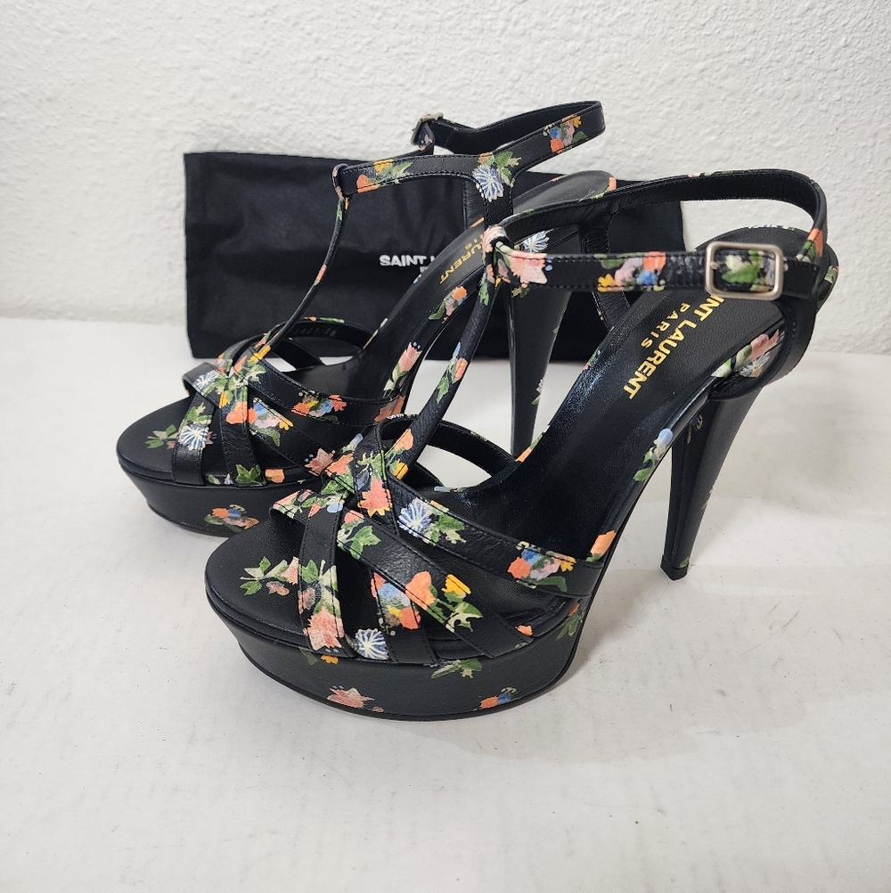 Yves Saint Laurent Tribute Summer Vacation Floral Platform Heels Sandals EU 38